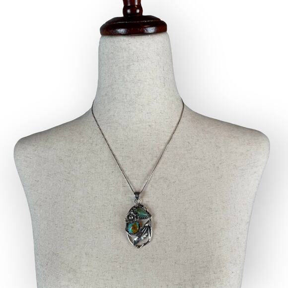 Vintage Sterling Silver Turquoise Jade Navajo Necklace - Picture 2 of 7